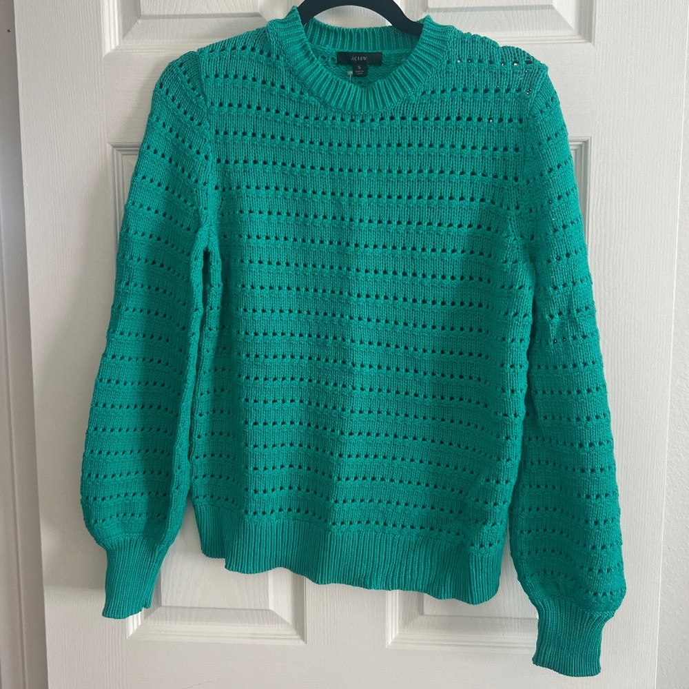 J. Crew Patina Green Balloon Sleeve Pointelle Crew Neck Sweater NWT